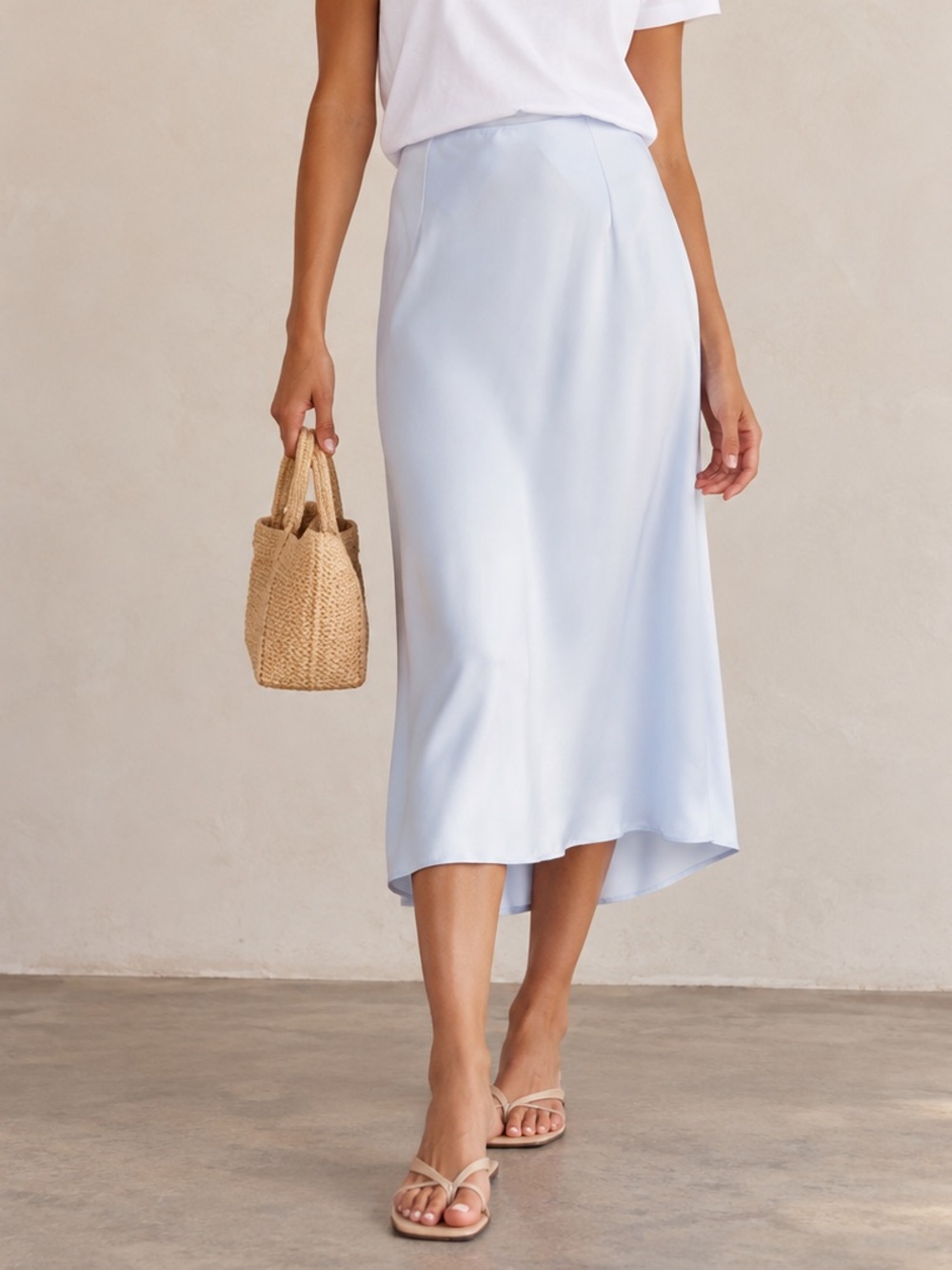 NWT Vince Light Blue Satin A-Line Midi Skirt Size 8